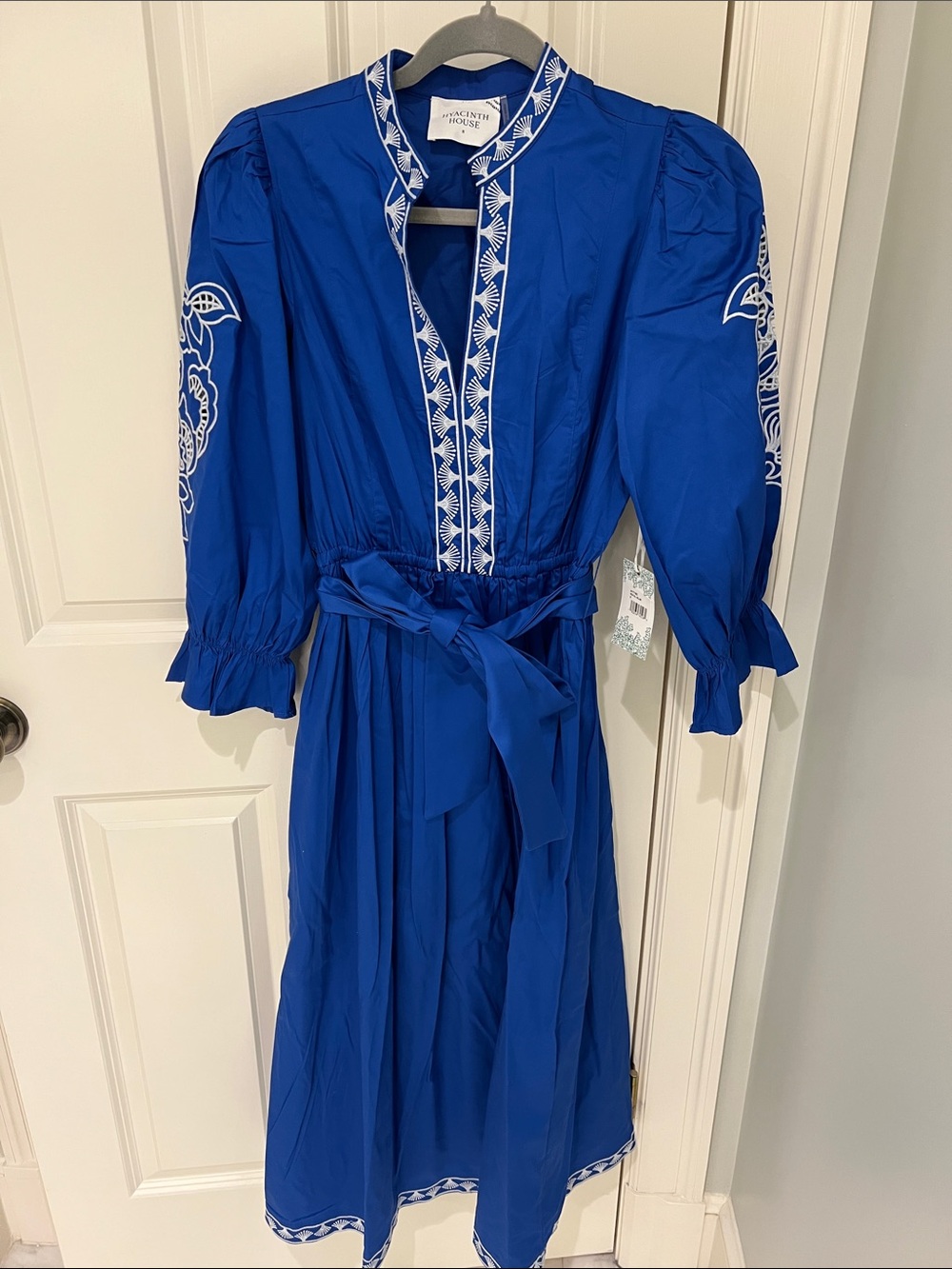 Blue Embroidered Midi Dress with Tie Waist